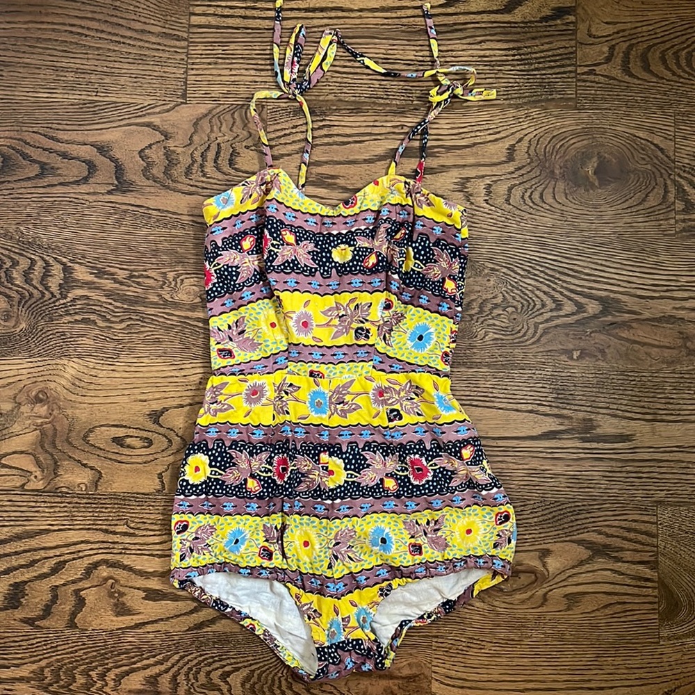 True Vintage 1940s 1950s Handmade Cotton Swimsuit Playsuit Yellow Floral XS XXS